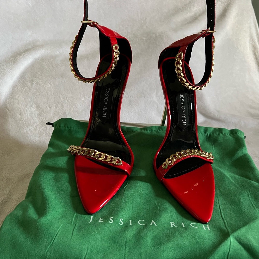 Jessica Rich Red Heels with Gold Chain Accent